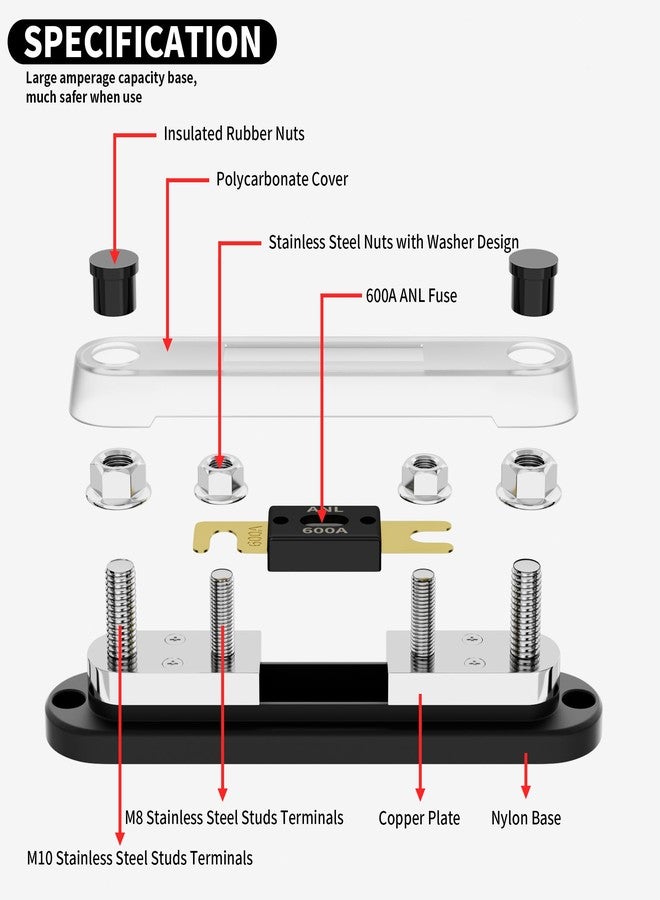 DAIERTEK حامل فيوزات DaierTek ANL مع فيوز ANL بقوة 600 أمبير، أطراف توصيل M10، كتلة فيوزات ANL بحرية بحد أقصى 750 أمبير مع فيوز ANL مطلي بالذهب بقوة 600 أمبير للسيارات والشاحنات والقوارب - Image 4